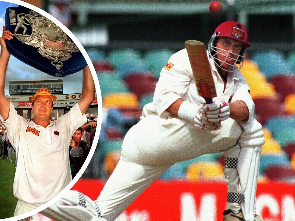 Bulls stars Matthew Hayden, whips one away while down on one knee and, inset, Carl Rackemann holds the Sheffield Shield aloft.