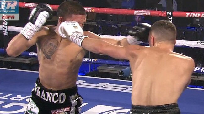 The moment Australian Andrew Moloney landed a ‘headbutt’ on American Joshua Franco.