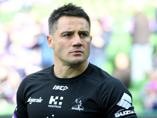 Halfback Cooper Cronk of the Storm warms up before the NRL qualifying final between the Melbourne Storm and the Parramatta Eels at AAMI park in Melbourne, Saturday September 9, 2017. (AAP Image/Tracey Nearmy) NO ARCHIVING, EDITORIAL USE ONLY