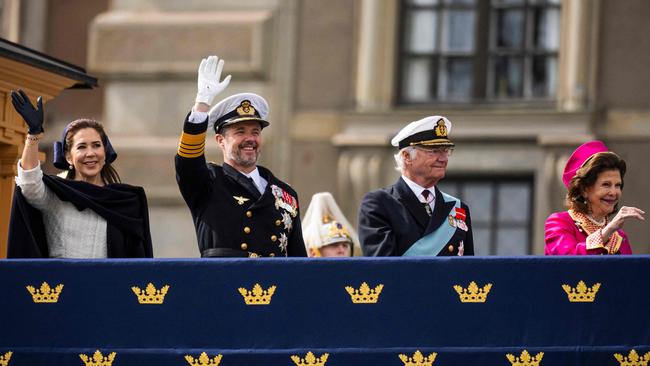 (L to R): Queen Mary of Denmark, King Frederik X of Denmark, King Carl XVI Gustaf of Sweden and Queen Silvia of Sweden wave upon arrival to the Royal Palace in Stockholm, Sweden. Picture: AFP