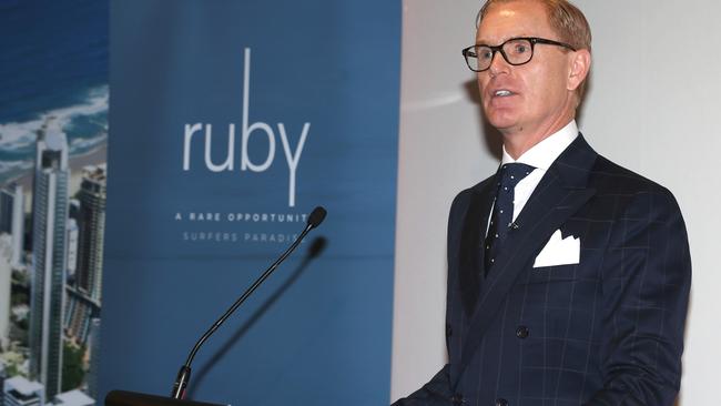 William O'Dwyer, Managing Director, Ralan Group speaks at the sod turning ceremony for Ralan Group's $1 Billion project 'Ruby' at Surfers Paradise, Gold Coast. Picture: Regi Varghese