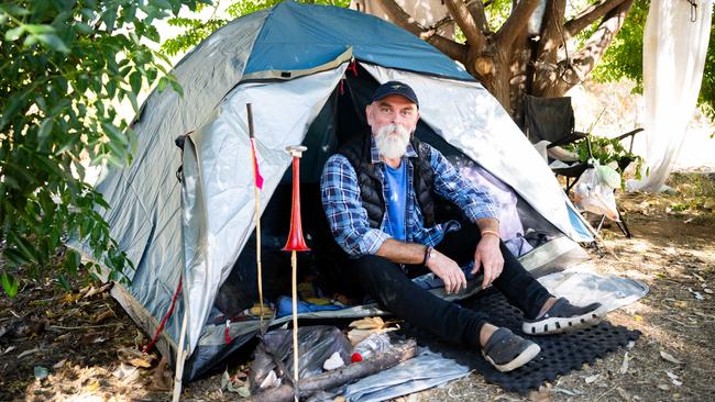 Clive Perkins, 61, at his neatly kept campsite. Picture: Morgan Sette