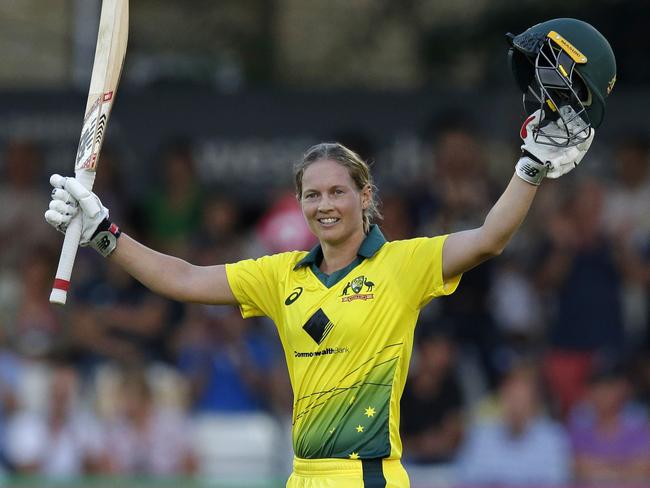 CHELMSFORD, ENGLAND - JULY 26: Meg Lanning of Australia celebrates her century during the England v Australia 1st Vitality Women's IT20 match at Cloudfm County Ground on July 26, 2019 in Chelmsford, England. (Photo by Henry Browne/Getty Images)