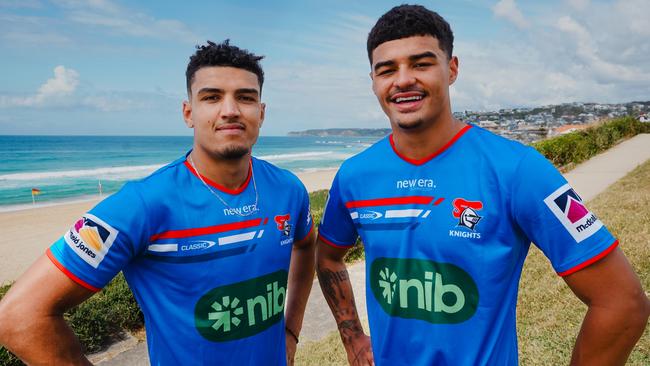 English recruits Kai Pearce-Paul and Will Pryce wearing Newcastle colours for the first time. Credit: Supplied.