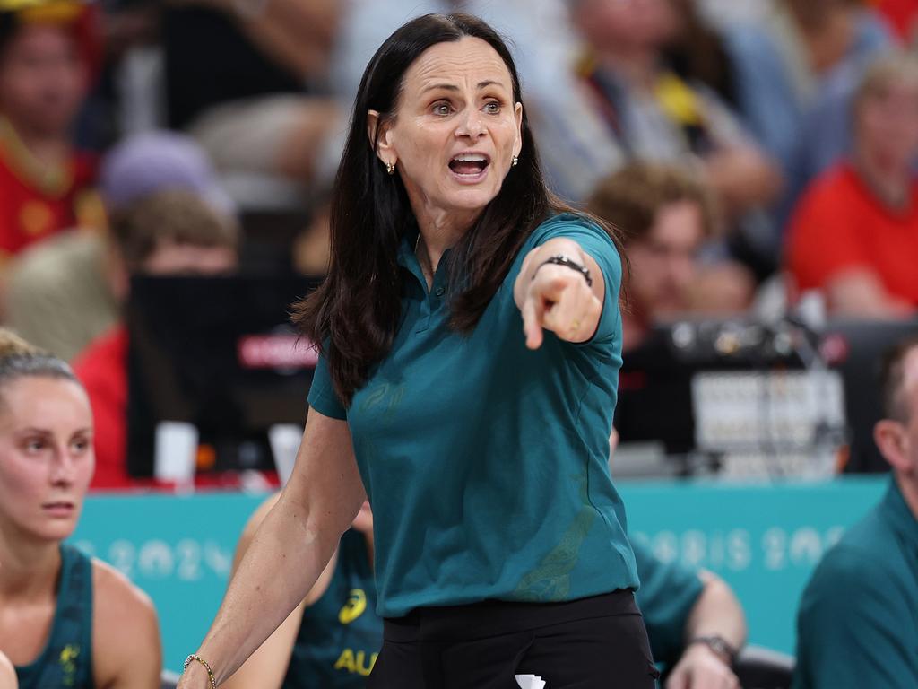 Team Australia head coach Sandy Brondello gives instructions at the Olympic Games Paris 2024. Picture: Gregory Shamus/Getty Images.