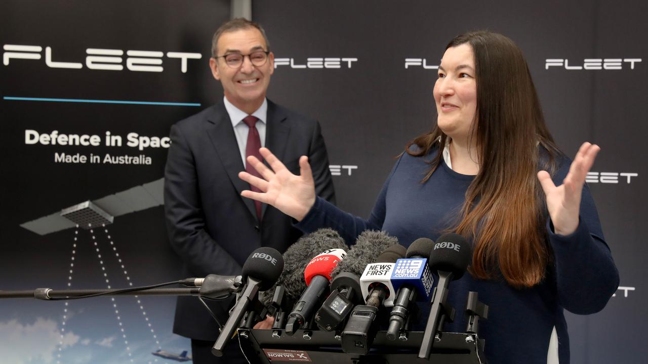 Premier Steven Marshall at Fleet Space Technologies in Beverley, with Andrea Boyd, Deputy Astronaut Operations, European Space Agency. 8 March 2022. Picture Dean Martin .