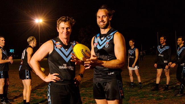 Blackfriars Old Scholars coach Jarrad O’Riley (left) saw captain Matt Brincat (right) lead his team to a possible season-saving win on Saturday. Picture: Morgan Sette