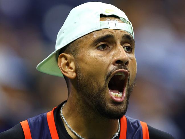 NEW YORK, NEW YORK - SEPTEMBER 06: Nick Kyrgios of Australia reacts against Karen Khachanov during their MenÃ¢â¬â¢s Singles Quarterfinal match on Day Nine of the 2022 US Open at USTA Billie Jean King National Tennis Center on September 06, 2022 in the Flushing neighborhood of the Queens borough of New York City. (Photo by Elsa/Getty Images)