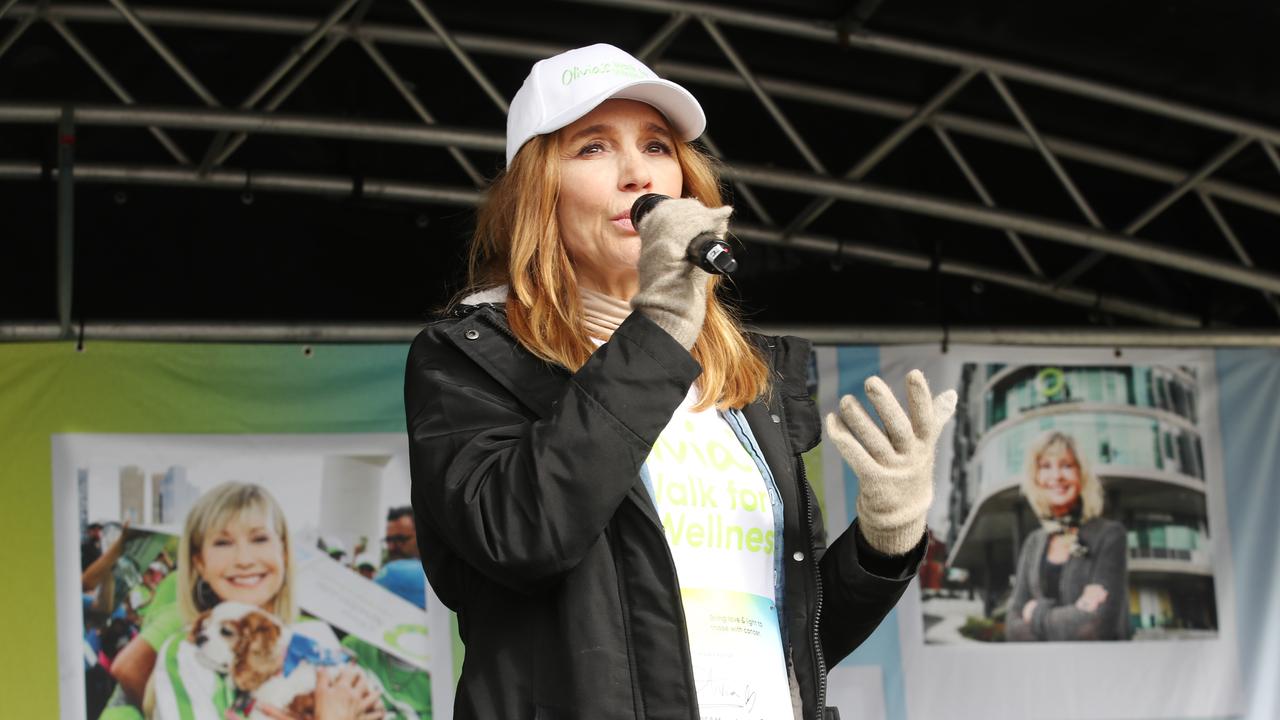 Newton-John’s niece Tottie Goldsmith talks to the crowd at Olivia’s Walk For Wellness in October. Picture: David Crosling