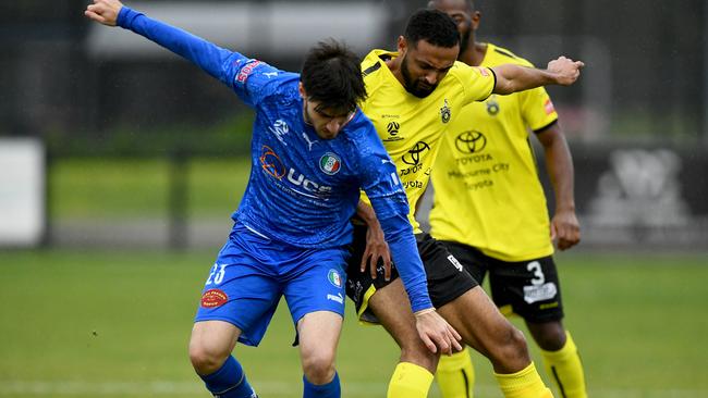 Kristian Trajceski of Avondale competes for the ball during the round 22 NPL VIC Mens match between Heidelberg United and Avondale at John Cain Memorial Park in Thornbury, Victoria on July 15, 2023. (Photo by Josh Chadwick)