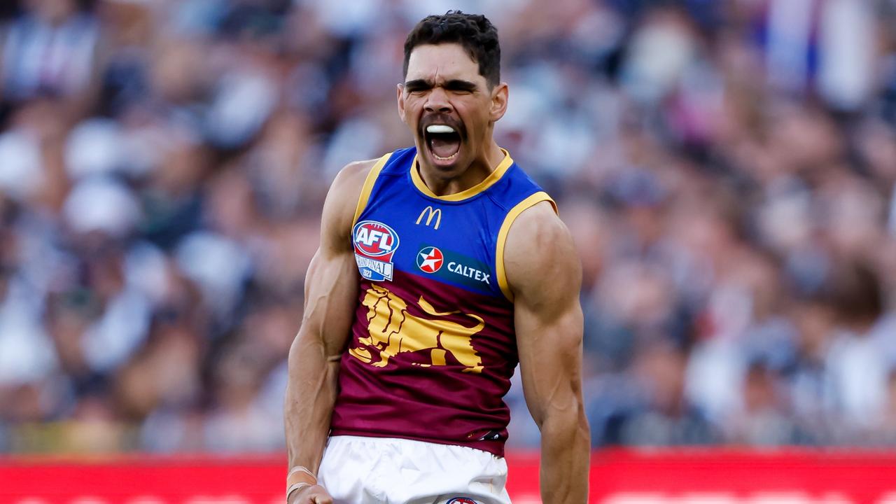 MELBOURNE, AUSTRALIA - SEPTEMBER 30: Charlie Cameron of the Lions celebrates a goal during the 2023 AFL Grand Final match between the Collingwood Magpies and the Brisbane Lions at the Melbourne Cricket Ground on September 30, 2023 in Melbourne, Australia. (Photo by Dylan Burns/AFL Photos via Getty Images)
