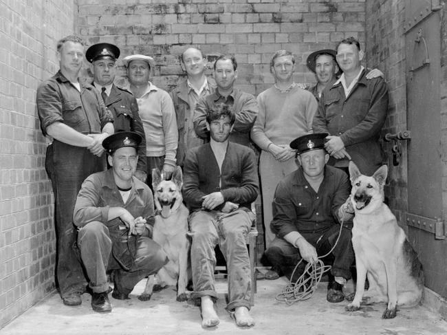 Long Bay Jail escapees Kevin Simmonds and Leslie Newcombe were on the run for 37 days in 1959, arming themselves with a cricket stump. When he was captured, Simmonds posed for photographs with his captors at Wyong Police Station, along with police dogs Chrissie and Dawn.