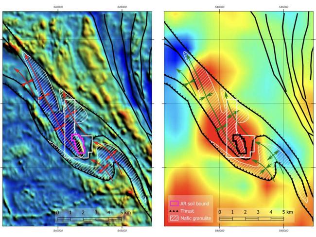 Location of the original (white outline) and new (purple/black outline) soil geochemistry grids over regional magnetic (left) and gravity (right) data. Pic: Impact Minerals