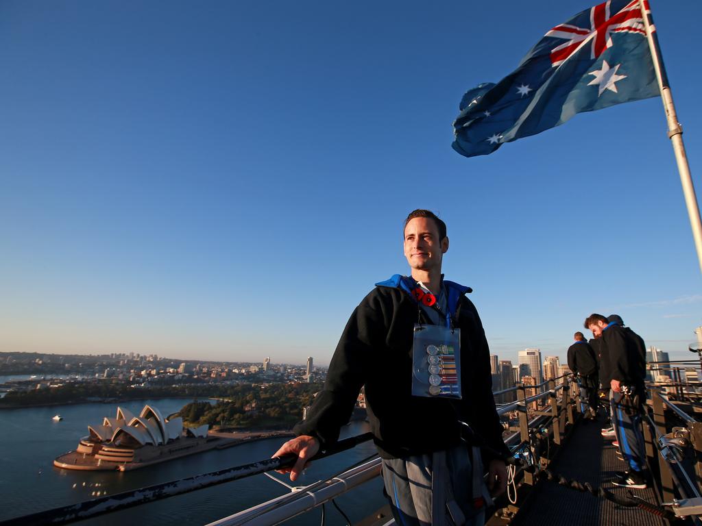 A dawn service was held on the summit of the Sydney Harbour Bridge to commemorate ANZAC Day. Iraq and Afghanistan veteran James Dallas who is now Manager of Claims and Advocacy at RSL DefenceCare. Picture: Toby Zerna