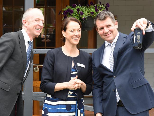 HammondCare's chief executive Mike Baird (right) with Federal MP for Mackellar Sophie Scamps and HammondCare's At Home general manager, Bay Warburton, at the opening of Bugari Cottage. Picture: HammondCare