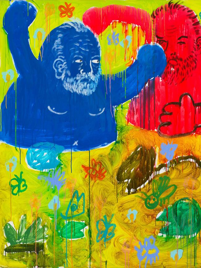 Jason Phu ‘older hugo from the future fighting hugo from right now in a swamp and all the frogs and insects and fish and flowers now look on’ © the artist, image © Art Gallery of New South Wales, Jenni Carter Sitter: Hugo Weaving