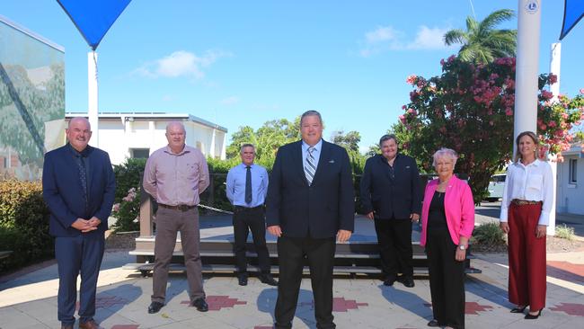 (L to R) Whitsunday Regional Council Division 6 councillor Mike Brunker, Division 5 councillor Gary Simpson, Division 2 councillor Al Grundy, Mayor Andrew Willcox, deputy mayor and Division 3 councillor John Collins, Division 1 councillor Jan Clifford and Division 4 councillor Michelle Wright. Picture: Jordan Gilliland