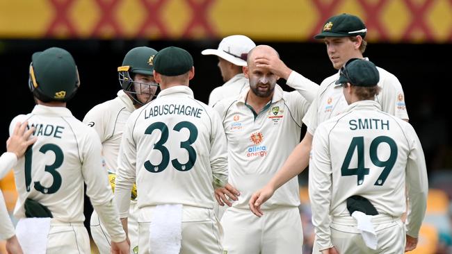 Nathan Lyon and teammates react to the DRS decision. Picture: Getty Images