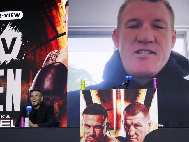 Sonny Bill Williams looks on as a video by Paul Gallen is played during the press conference. Picture: Darrian Traynor/Getty Images