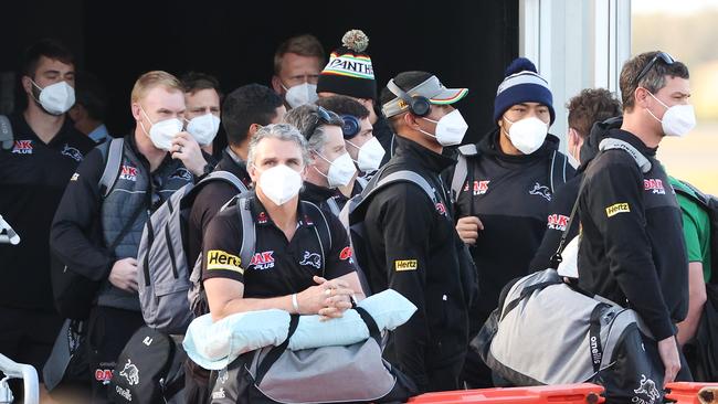 Coach Ivan Cleary, centre, and Penrith Panthers players on the Sunshine Coast in Queensland on Wednesday. Picture Lachie Millard