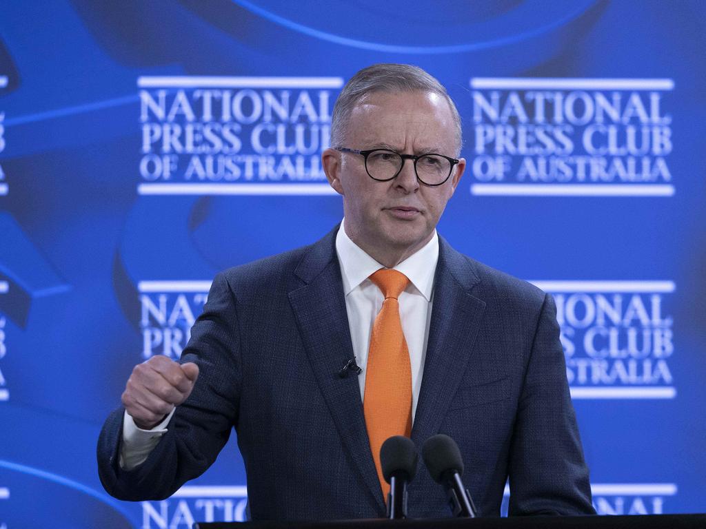 Prime Minister Anthony Albanese used his speech at the National Press Club to pledge improvements for women in the workplace. Picture: NCA NewsWire / Gary Ramage