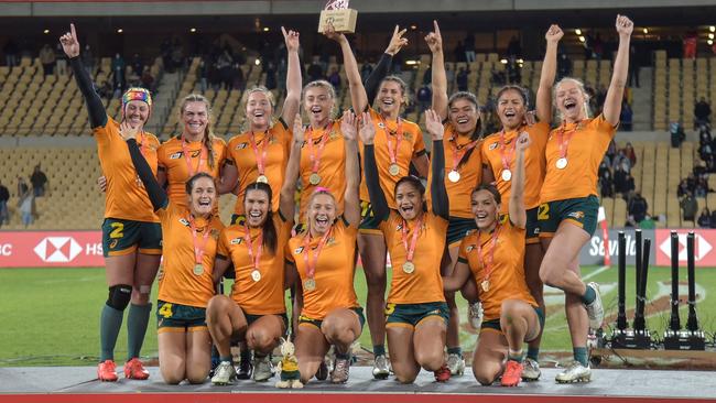 Australia celebrate their victory in the World Rugby Sevens in Seville. Picture: Cristina Quicler/AFP