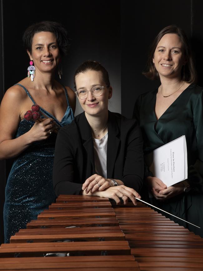Percussionist Claire Edwardes, conductor Elena Schwarz and composer Anne Cawrse prepare for premiere of marimba concerto Dare to Declare. Picture: Shane Reid