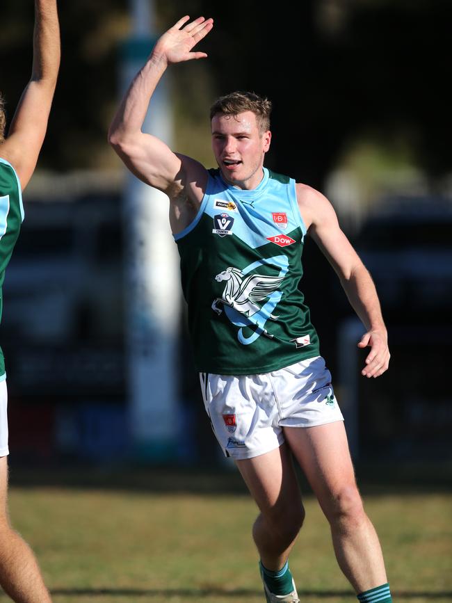 BFNL - Portarlington v Geelong Amateurs.  Ammos Harry Kershaw celebrates goal. Picture Mike Dugdale