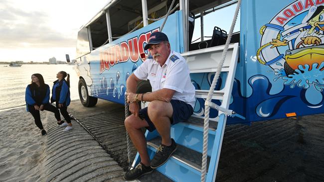 Gold Coast Aquaduck captain Peter McCulkin with deck hand Ayla Notton, 24, and supervisor Jess Price, 28. Picture: Lyndon Mechielsen