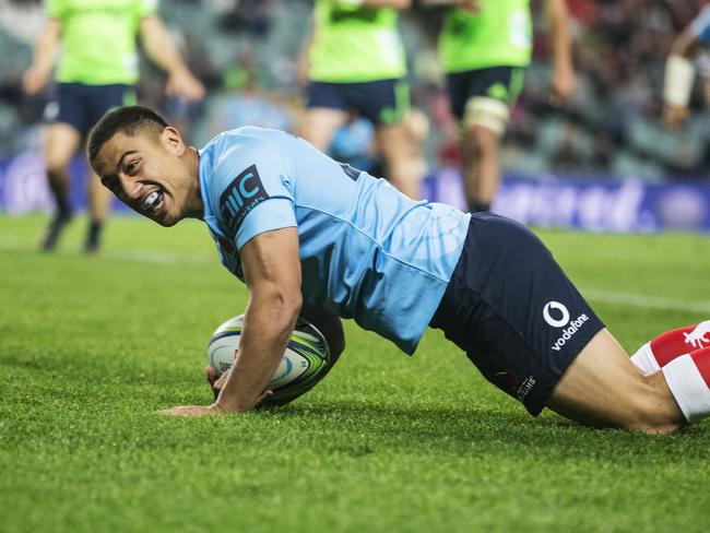 Lalakai Foketi celebrates after scoring a try — a more common occurrence than in previous years for the Waratahs.