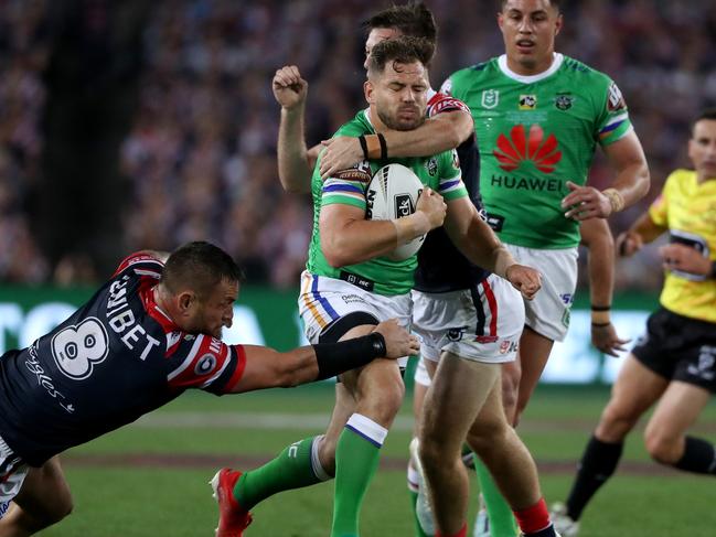 Aidan Sezer taken high during the 2019 NRL Grand Final between the Sydney Roosters and Canberra Raiders at ANZ Stadium, Sydney Olympic Park. Picture: Jonathan Ng