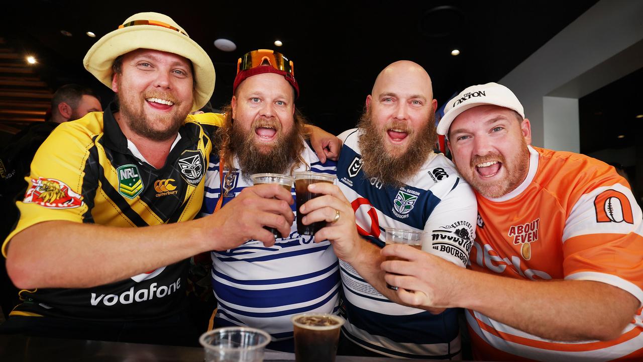 Gian Anderson, Matt Burton, Jason Sausage and Ricky Hardiman have travelled from Rockhampton at the Caxton Hotel. Picture: Annette Dew