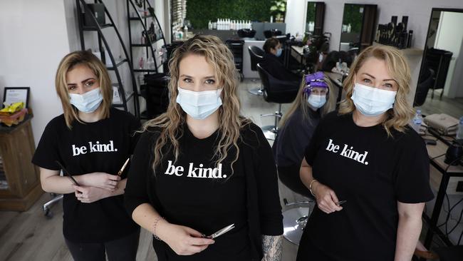 Jennifer Aoun, right, proprietor of B Tempted Hair and Beauty in Mittagong, with Chloe Chalker and Emma Grech. Picture: Chris Pavlich