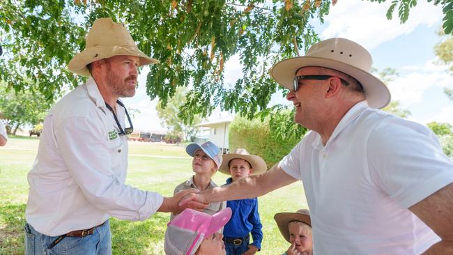 Prime Minister Anthony Albanese chats with Lake Nash Station staff. Prime Minister Anthony Albanese visited Lake Nash station, on the Queensland Northern Territory border, on Wednesday, January 8 2025, as part of a Top End tour spanning the east to the west of Australia. Picture: PMO via NewsWire