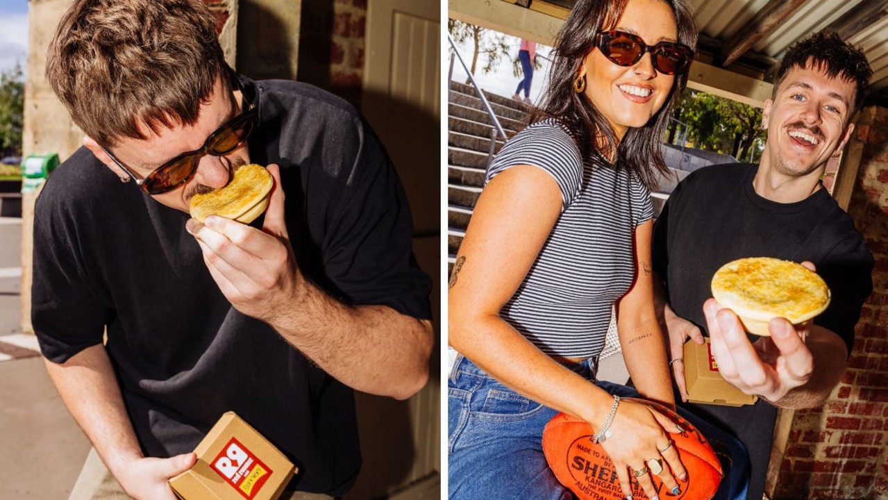 Two iconic Aussie brands, Red Rooster and Four n Twenty have join forces to create the perfect one-handed eat, a chicken and gravy pie. Picture: Supplied.