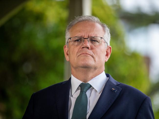 SYDNEY, AUSTRALIA - NewsWire Photos FEBRUARY 24, 2022: Prime Minister Scott Morrison addresses the media about the escalating crisis in Ukraine.Picture: NCA NewsWire / Christian Gilles