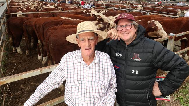 Ensay Hereford breeder Barry Newcomen and AFL legend Kevin Sheedy at the Ensay sale. Picture: Yuri Kouzmin