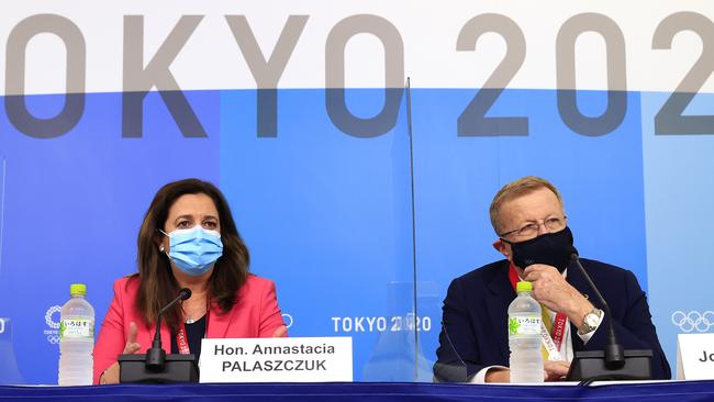 Queensland Premier Annastacia Palaszczuk speaks at a press conference at the MPC at the Tokyo 2020 Olympics after she successfully bid to hold the 2032 Olympics in Brisbane. Picture: Adam Head