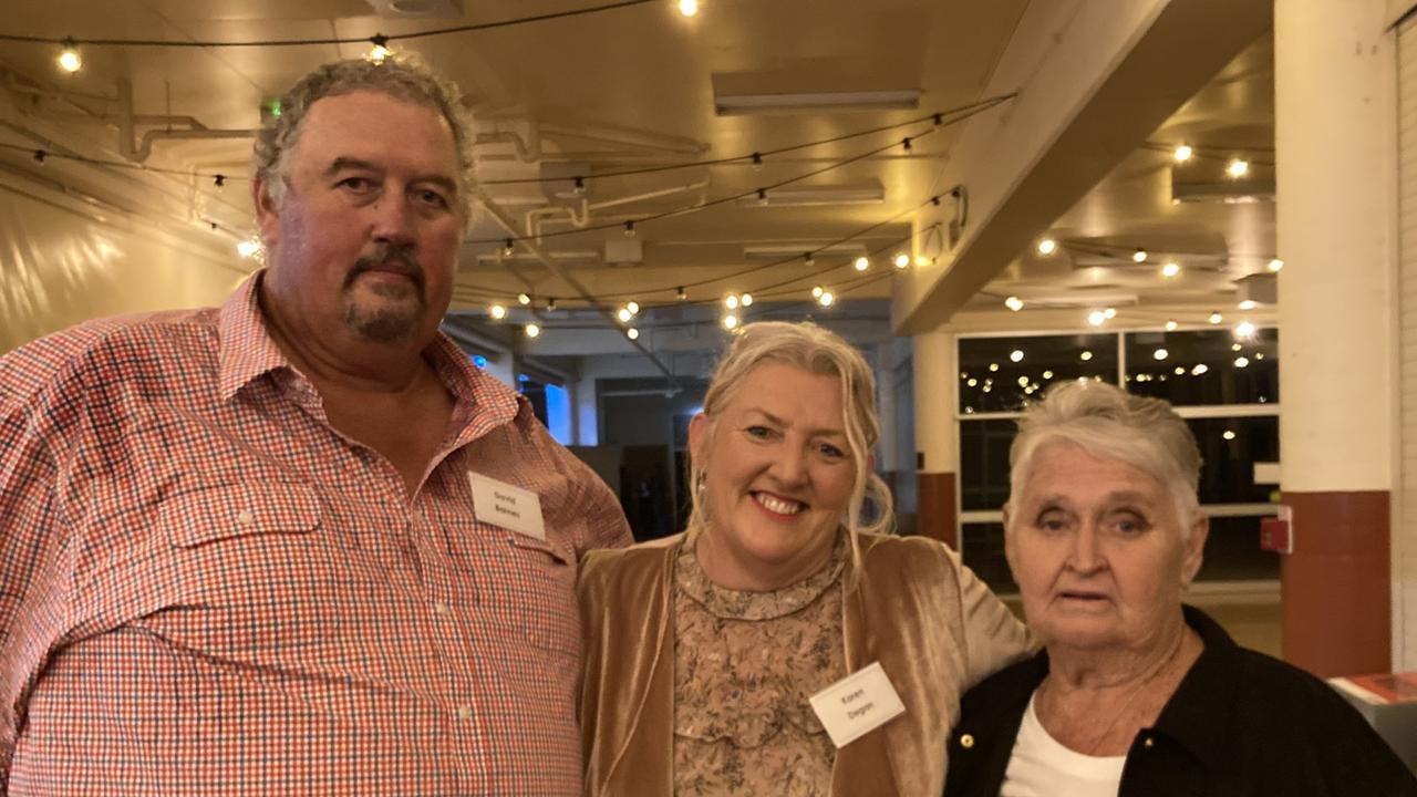 David Barnes, Karen Degan, and Vivian Barnes celebrate the 50th anniversary of the Rainbows Rugby League Football Club at its golden jubilee at the Gympie Showgrounds Pavilion on the night of June 3, 2023.