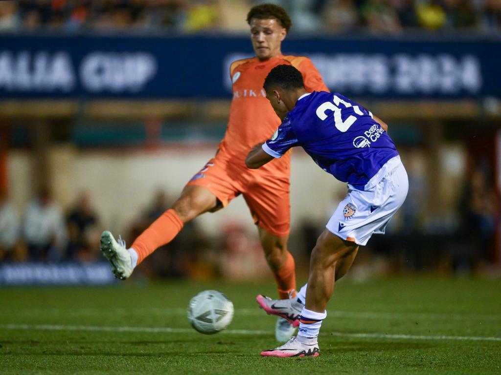 Perth’s Abdelelah Faisal (right) scored twice in the Glory’s 4-2 win over Brisbane. Picture: Mark Brake/Getty Images