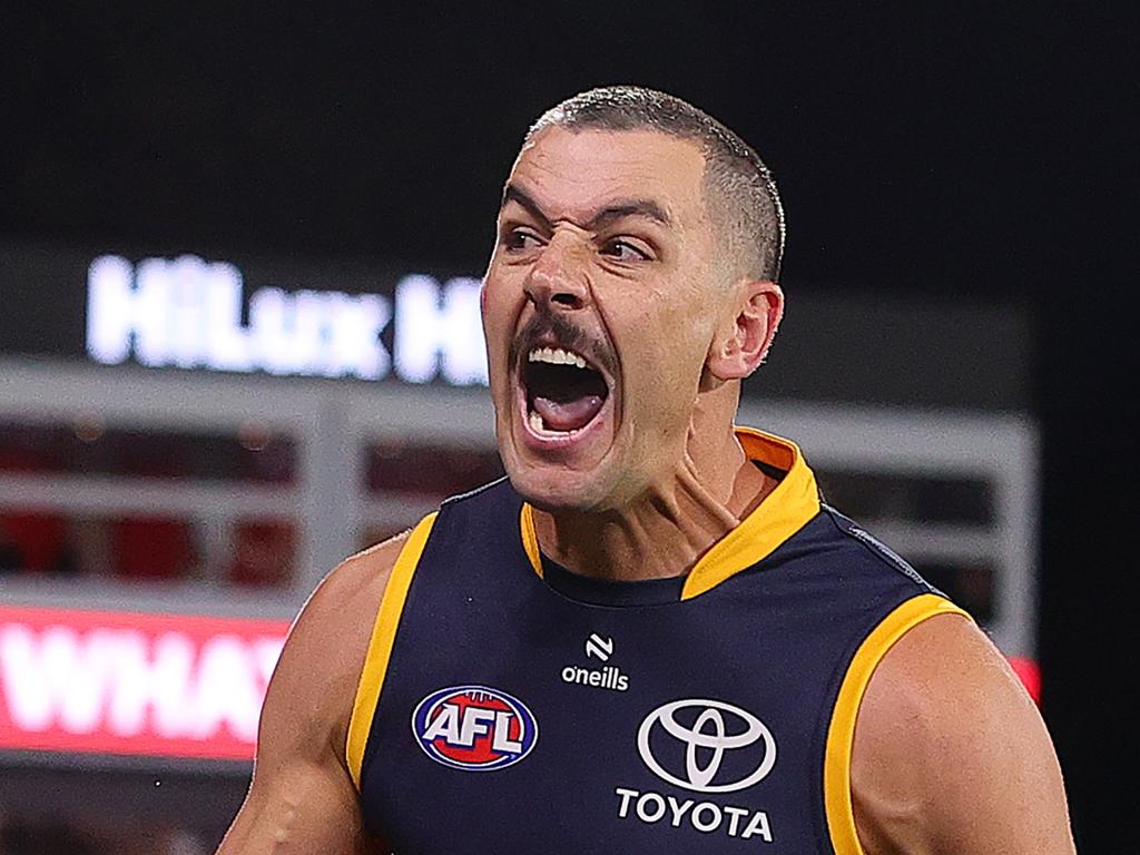 ADELAIDE, AUSTRALIA – MAY 02: Taylor Walker of the Crows celebrates a goal during the 2024 AFL Round 08 match between the Adelaide Crows and the Port Adelaide Power at Adelaide Oval on May 02, 2024 in Adelaide, Australia. (Photo by Sarah Reed/AFL Photos via Getty Images)