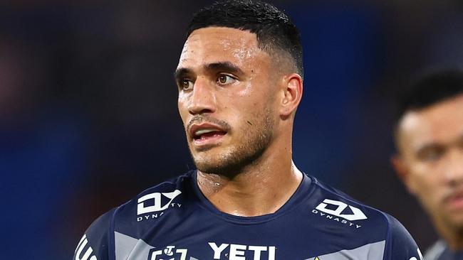 GOLD COAST, AUSTRALIA - MAY 12:  Valentine Holmes of the Cowboys looks on during the round 10 NRL match between Gold Coast Titans and North Queensland Cowboys at Cbus Super Stadium, on May 12, 2024, in Gold Coast, Australia. (Photo by Chris Hyde/Getty Images)