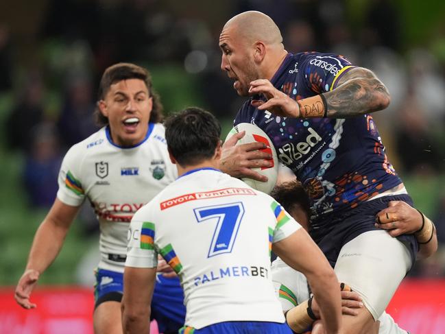Nelson Asofa-Solomona of the Storm is tackled during the round 17 NRL match between Melbourne Storm and Canberra Raiders at AAMI Park, on June 29, 2024, in Melbourne, Australia. (Photo by Daniel Pockett/Getty Images)