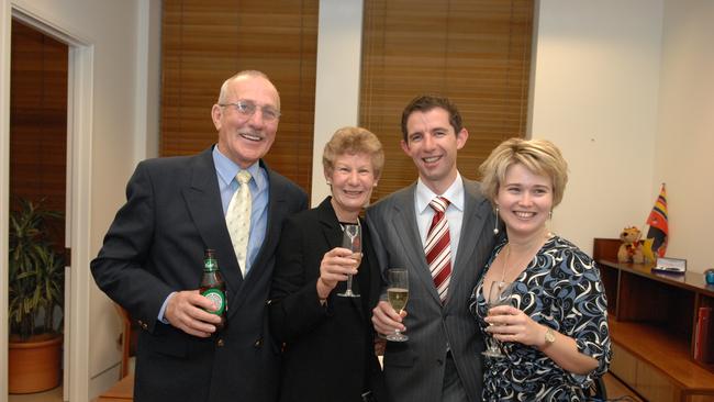 Jim Birmingham and Diana Birmingham with their son Senator Simon Birmingham and his wife Courtney Morcombe after the senator’s maiden speech to Federal Parliament in 2007.