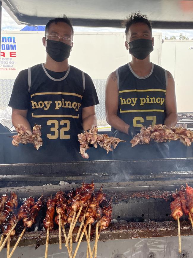 Mark and Norman from Hoy Pinoy pumped out hundreds of tasty meat skewers at Meatstock 2023 at the Melbourne Showgrounds.