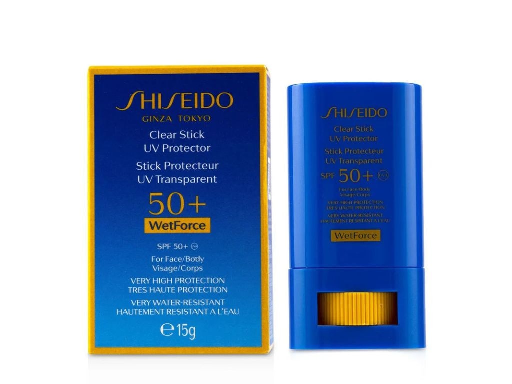 Shiseido Clear Stick UV Protector SPF50+ with WetForce Technology.