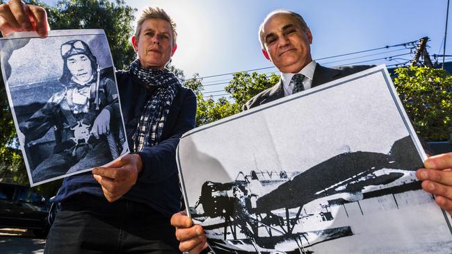 Port Melbourne historians Janet Bolitho and Steve Tserkezidis in Gladstone St, Montague, where spy Nobuo Fujita flew overhead in 1942. Picture: Valeriu Campan