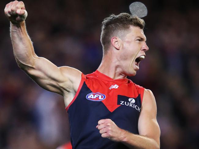 Melbourne's Jake Melksham celebrates kicking a goal  during the AFL semi final match between the Melbourne Demons and Hawthorn at the MCG. Picture. Phil Hillyard