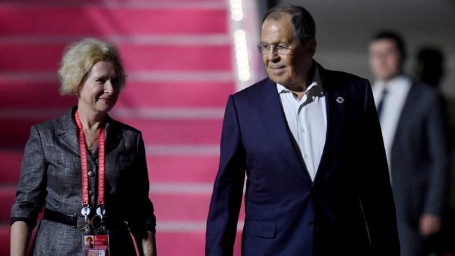 Russian Foreign Minister Sergey Lavrov, right, arrives in Bali late on Sunday. Picture: AFP