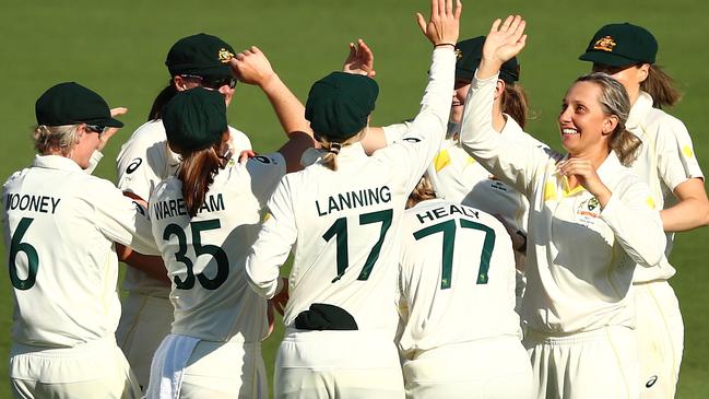 Ashleigh Gardner celebrates the wicket of Mandhana. Picture: Getty Images